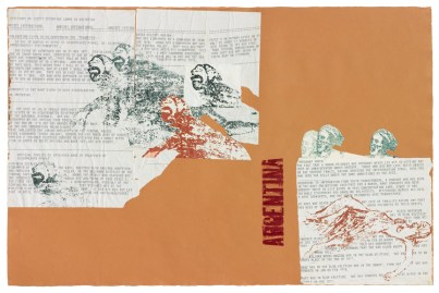 Nancy Spero, Argentina, 1981, handprinting and typewriter collage on paper, 26.5 x 40.5 inches (67.3 x 102.9 cm) © The Estate of Nancy Spero. Courtesy Galerie Lelong, New York.