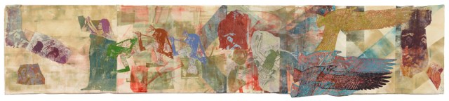 Nancy Spero, Invocation, 1995, handprinting and printed collage on paper, 19.5 x 96.5 inches (49.5 x 245.1 cm)© The Estate of Nancy Spero, Courtesy Galerie Lelong, New York.