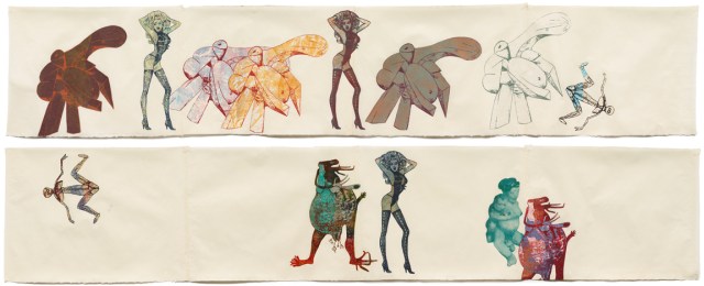 Nancy Spero, Picasso and Frederick's of Hollywood, 1990, handprinted collage on paper, 2 parts: 17.25 x 109.625 inches (43.8 x 278.4 cm) each© The Estate of Nancy Spero. Courtesy Galerie Lelong, New York