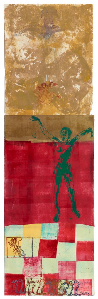 Nancy Spero, The Underworld, 1997, handprinting and printed collage on paper, 63 x 19 inches (160 x 48.3 cm)© The Estate of Nancy Spero. Courtesy Galerie Lelong, New York.