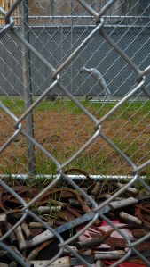 Jane Alexander, Security (2006) fiberglass sculpture, oil paint, fence, razor wire, gloves, earth, wheat, machetes, sicles, detail. Collection of the artist. Photograph by the author.