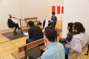 Rossella Biscotti, The Trial, performance at e-flux, May 11, 2013. Photograph by Ray Anastas.