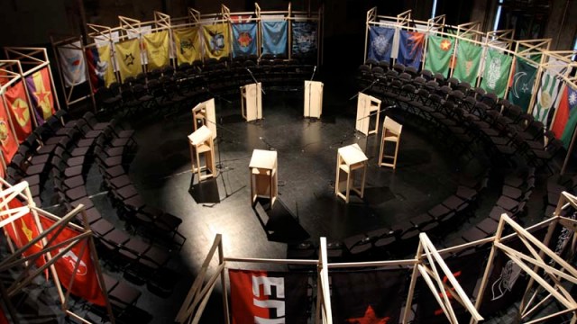 Jonas Staal, New World Summit in Sophiensaele, Berlin, 2012. Photo from the artist's website.