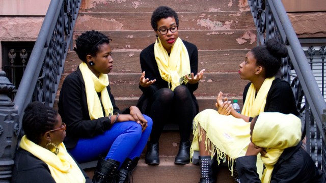 Between the Door and the Street, 2013, a performance initiated by Suzanne Lacy. Courtesy of Creative Time and Brooklyn Museum.