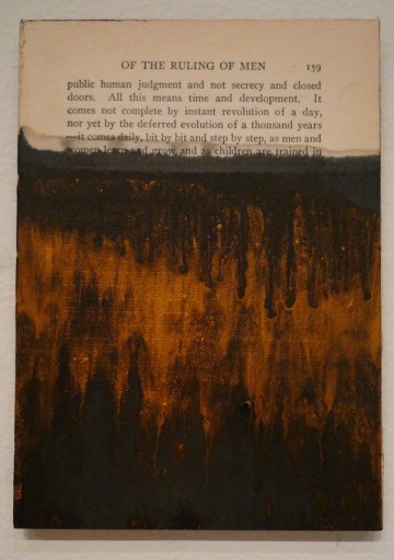 Tim Rollins and K.O.S., Darkwater III (after W.E.B. Du Bois), 2013. Furnace black watercolor and gold acrylic on vintage book page on panel. Created in collaboration iwht the students of the Esther F. Garrison School of Visual and Performing Arts and the Savannah College of Art and Design. Courtesy of the Artist and Lehmann Maupin Gallery, New York and Hong Kong.