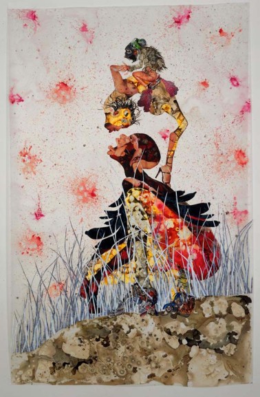 Wangechi Mutu, Misguided Little Unforgivable Hierarchies, 2005. Ink, acrylic, collage, and contact paper on Mylar; 81 x 52 inches (205.74 x 132.08 cm). San Francisco Museum of Modern Art. Purchase through a gift of The Buddy Taub Foundation, Jill and Dennis Roach, Directors, 2005.184. Image courtesy of Susanne Vielmetter Los Angeles Projects. © Wangechi Mutu. Photo by Joshua White.