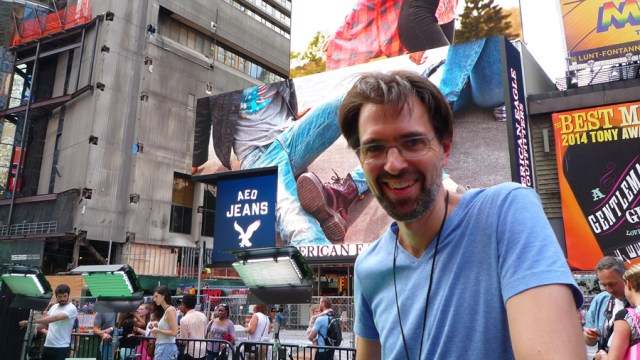 Artist Daniel Canogar during the filming of Storming Times Square, July 24, 2014. Photo © Kathleen MacQueen.