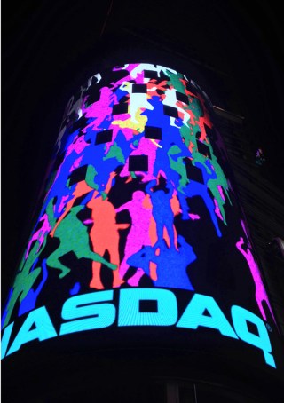 Midnight Moment: Daniel Canogar, Storming Times Square, 2014. Photograph by Chris Romero for bitforms Gallery.