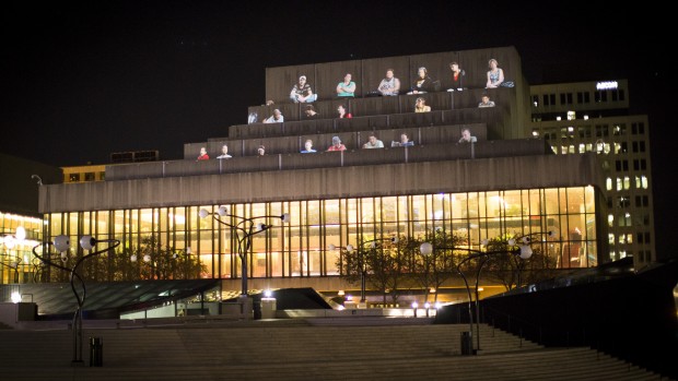 Projection on the facade of Théâtre Maisonneuve, Place des Arts (14:45 min). Courtesy Musée d'Art Contemporain de Montréal.