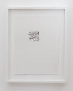 Caroline Bergvall, BLOCK A616 / 12, 2012-2013, india ink on sketching paper, 11 x 8 1/4 inches. Courtesy the artist and Callicoon Fine Arts, NY.