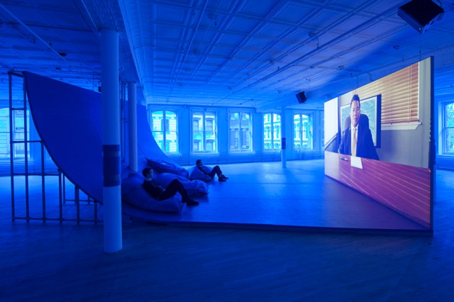Hito Steyerl, Liquidity, Inc., 2014, HD video with sound, 30 mins, installation view from Hito Steyerl, Artists Space, 2015. Courtesy of the artist; Andrew Kreps, New York; and Wilfried Lentz, Rotterdam.